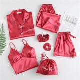 Women Silk 7Pcs Pajamas Sleepwear