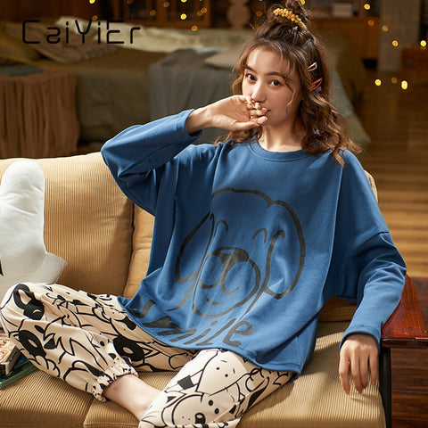 CAIYIER Women Cat Print Cotton Long Sleeve + Pant Sleepwear