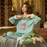 CAIYIER Women Cat Print Cotton Long Sleeve + Pant Sleepwear