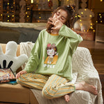 CAIYIER Women Cat Print Cotton Long Sleeve + Pant Sleepwear