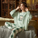 CAIYIER Women Cat Print Cotton Long Sleeve + Pant Sleepwear