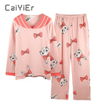 CAIYIER Women Cat Print Cotton Long Sleeve + Pant Sleepwear