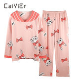 CAIYIER Women Cat Print Cotton Long Sleeve + Pant Sleepwear