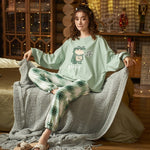 CAIYIER Women Cat Print Cotton Long Sleeve + Pant Sleepwear