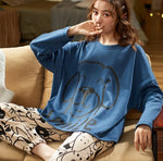 CAIYIER Women Cat Print Cotton Long Sleeve + Pant Sleepwear