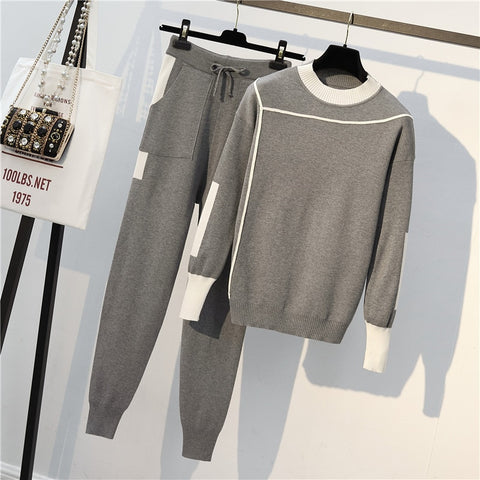 Plus Size Long Sleeve Pullovers Sweater Pocket Pants Suits