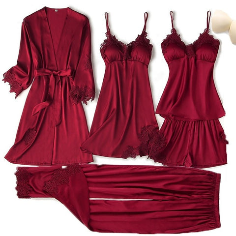 Pajama Set Women Lace Trim Satin Sleepwear