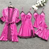 4 Pieces Satin Silk Lace Pajamas Sleepwear