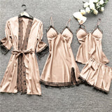 4 Pieces Satin Silk Lace Pajamas Sleepwear