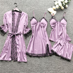 4 Pieces Satin Silk Lace Pajamas Sleepwear