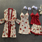 4 Pieces Satin Silk Lace Pajamas Sleepwear