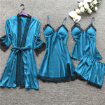 4 Pieces Satin Silk Lace Pajamas Sleepwear