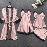 4 Pieces Satin Silk Lace Pajamas Sleepwear