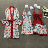 4 Pieces Satin Silk Lace Pajamas Sleepwear