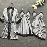 4 Pieces Satin Silk Lace Pajamas Sleepwear