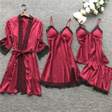 4 Pieces Satin Silk Lace Pajamas Sleepwear