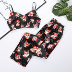 Women V Neck Spaghetti Strap Fox Pattern Print Pants Satin Sleepwear Set