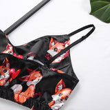 Women V Neck Spaghetti Strap Fox Pattern Print Pants Satin Sleepwear Set