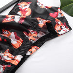 Women V Neck Spaghetti Strap Fox Pattern Print Pants Satin Sleepwear Set