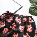 Women V Neck Spaghetti Strap Fox Pattern Print Pants Satin Sleepwear Set