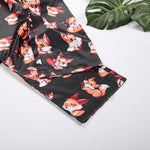 Women V Neck Spaghetti Strap Fox Pattern Print Pants Satin Sleepwear Set