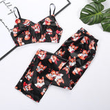 Women V Neck Spaghetti Strap Fox Pattern Print Pants Satin Sleepwear Set