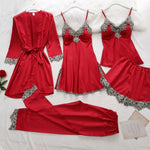 5PC Silk Lace Satin Women Pajamas