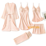 5PC Silk Lace Satin Women Pajamas