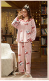 CAIYIER Women Cat Print Cotton Long Sleeve + Pant Sleepwear