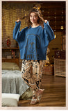 CAIYIER Women Cat Print Cotton Long Sleeve + Pant Sleepwear