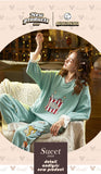 CAIYIER Women Cat Print Cotton Long Sleeve + Pant Sleepwear