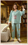 CAIYIER Women Cat Print Cotton Long Sleeve + Pant Sleepwear