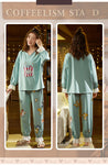 CAIYIER Women Cat Print Cotton Long Sleeve + Pant Sleepwear