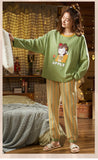 CAIYIER Women Cat Print Cotton Long Sleeve + Pant Sleepwear