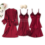 Pajama Set Women Lace Trim Satin Sleepwear