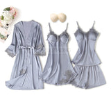 Pajama Set Women Lace Trim Satin Sleepwear