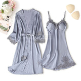 Pajama Set Women Lace Trim Satin Sleepwear