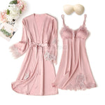 Pajama Set Women Lace Trim Satin Sleepwear