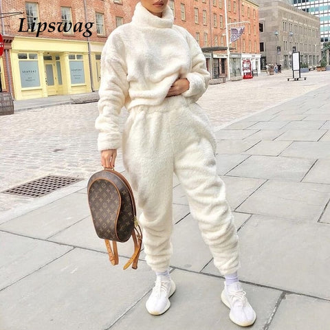 2021 Elegant Women Solid Long Sleeve Pullover Tops + High Waist Long Pants Loose Winter Outfit