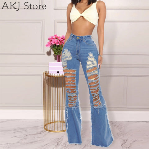 Plus Size Women High Waist Slim Flare Jeans